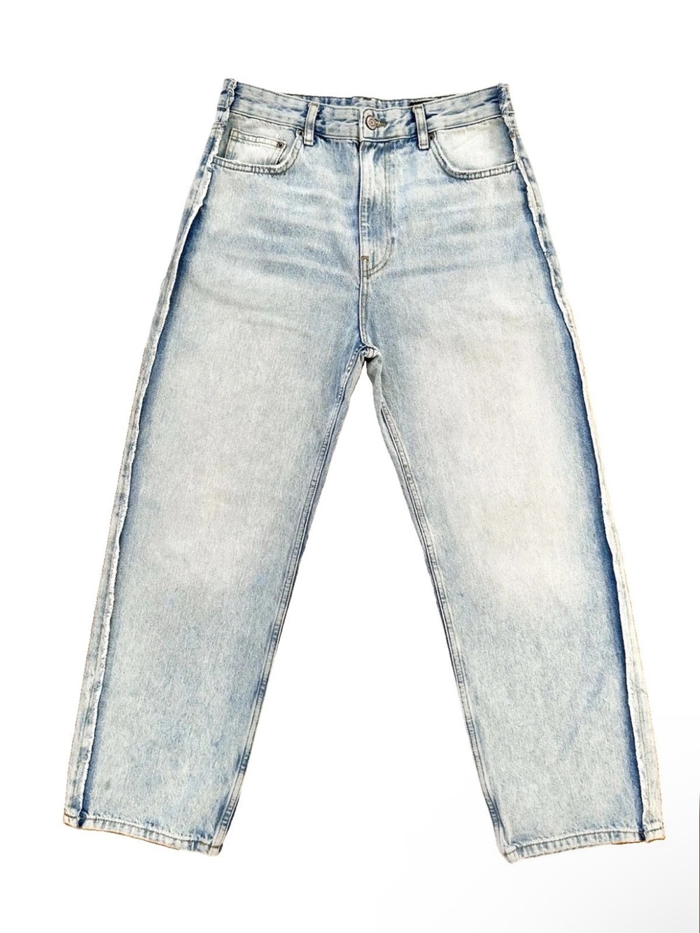 Zara Relaxed Straight Leg High Waist Distressed Seams Light Wash Jeans Size 8/10